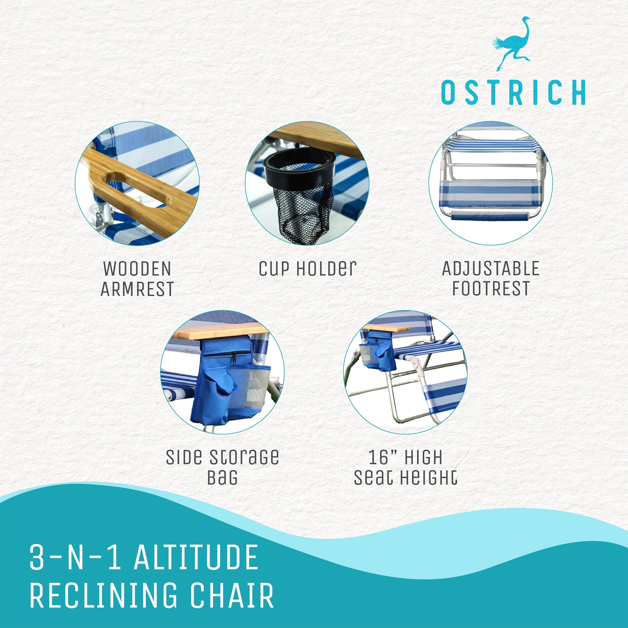 Ostrich 3N1 Altitude 16'' Recline Beach Chair & On Your Back Chair, Striped Blue - VMInnovations