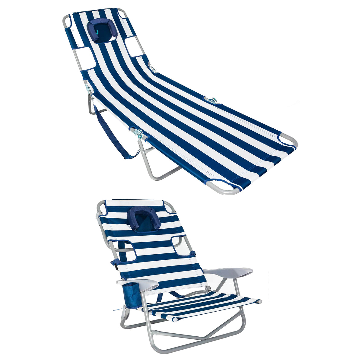 Ostrich Chaise Folding Beach Lounger & On Your Back Reclining Lawn Chair, Stripe