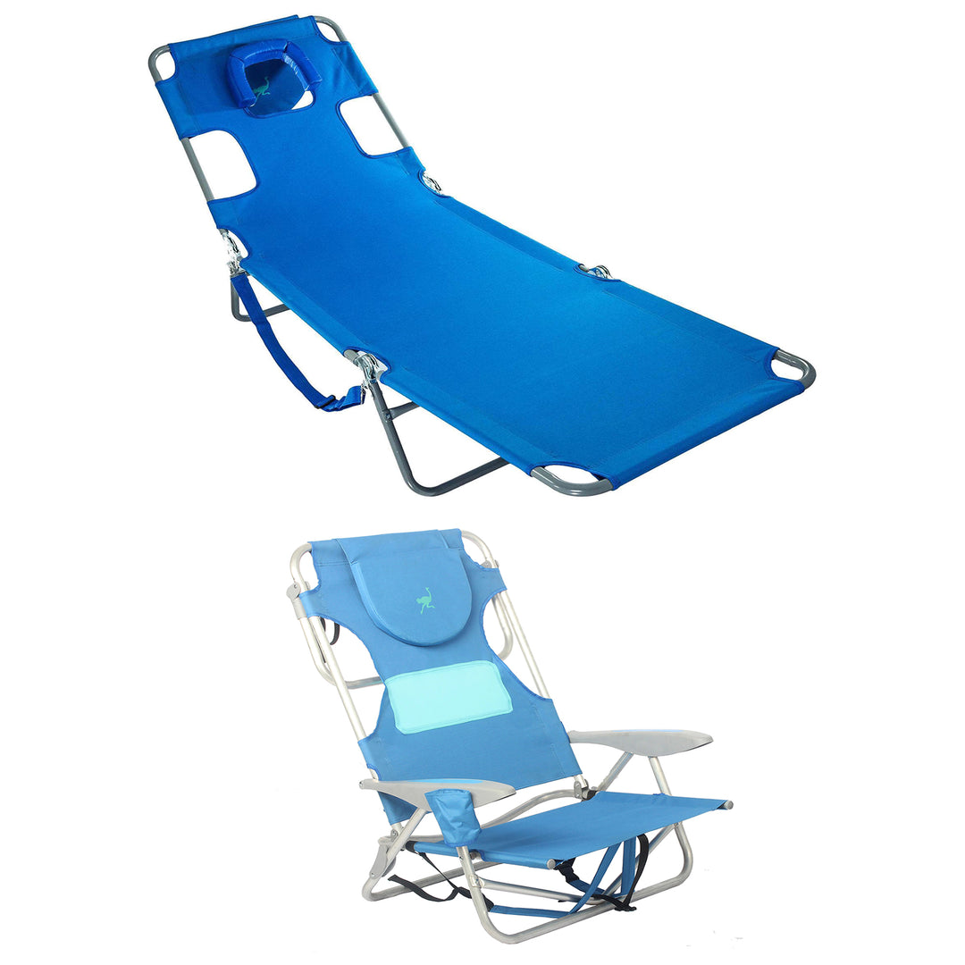 Ostrich Chaise Beach Lounger & Ladies Comfort On Your Back Beach Chair, Blue - VMInnovations