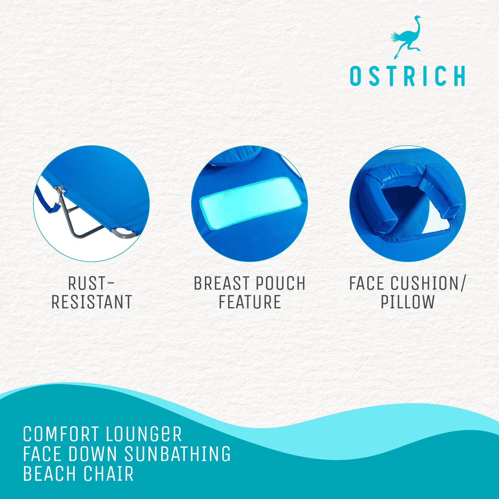 Ostrich Ladies Comfort Lounger Face Down Chair & On Your Back Beach Chair, Blue - VMInnovations