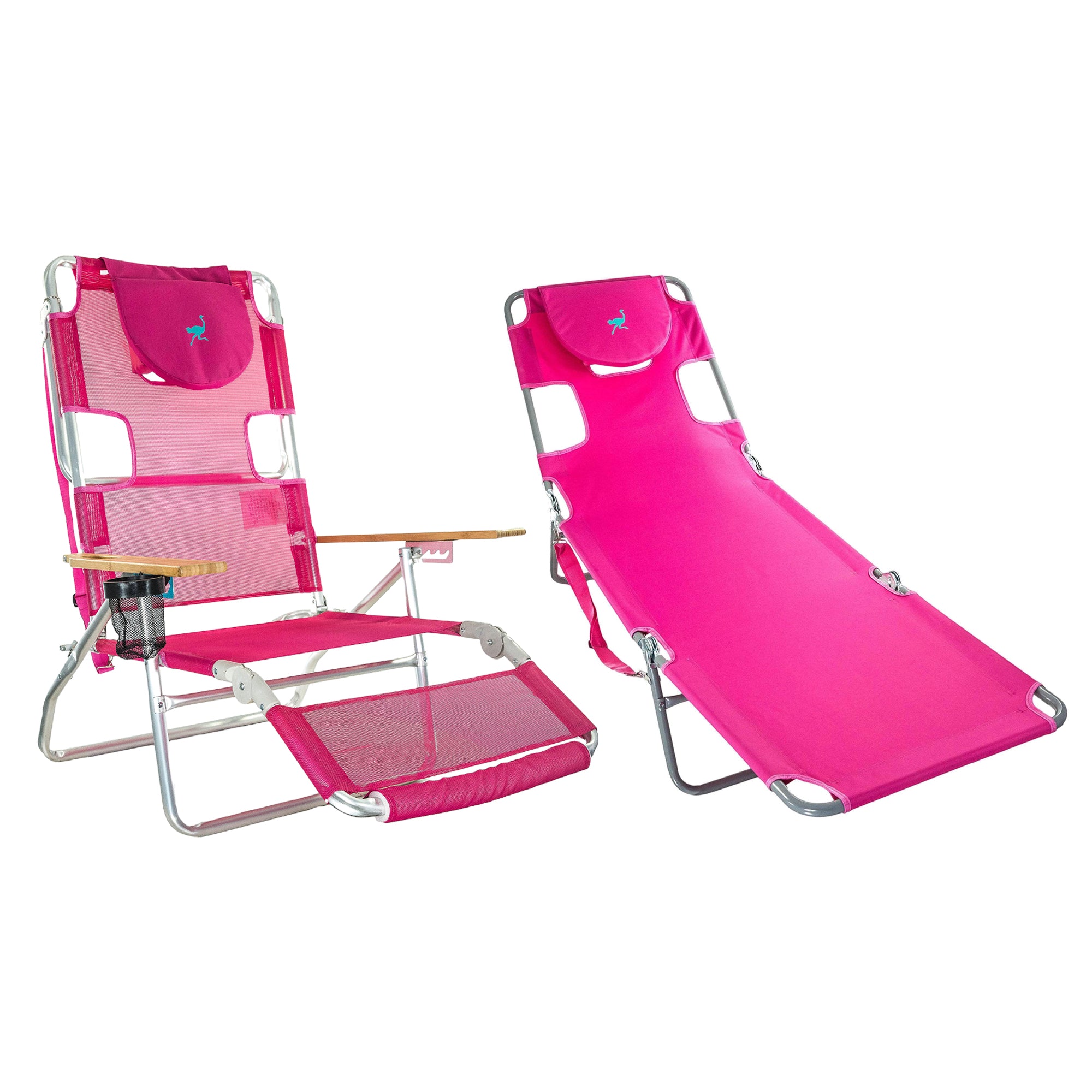 Ostrich 3 N 1 5 Position Reclining Beach Chair & Chaise Beach Lounger, Pink