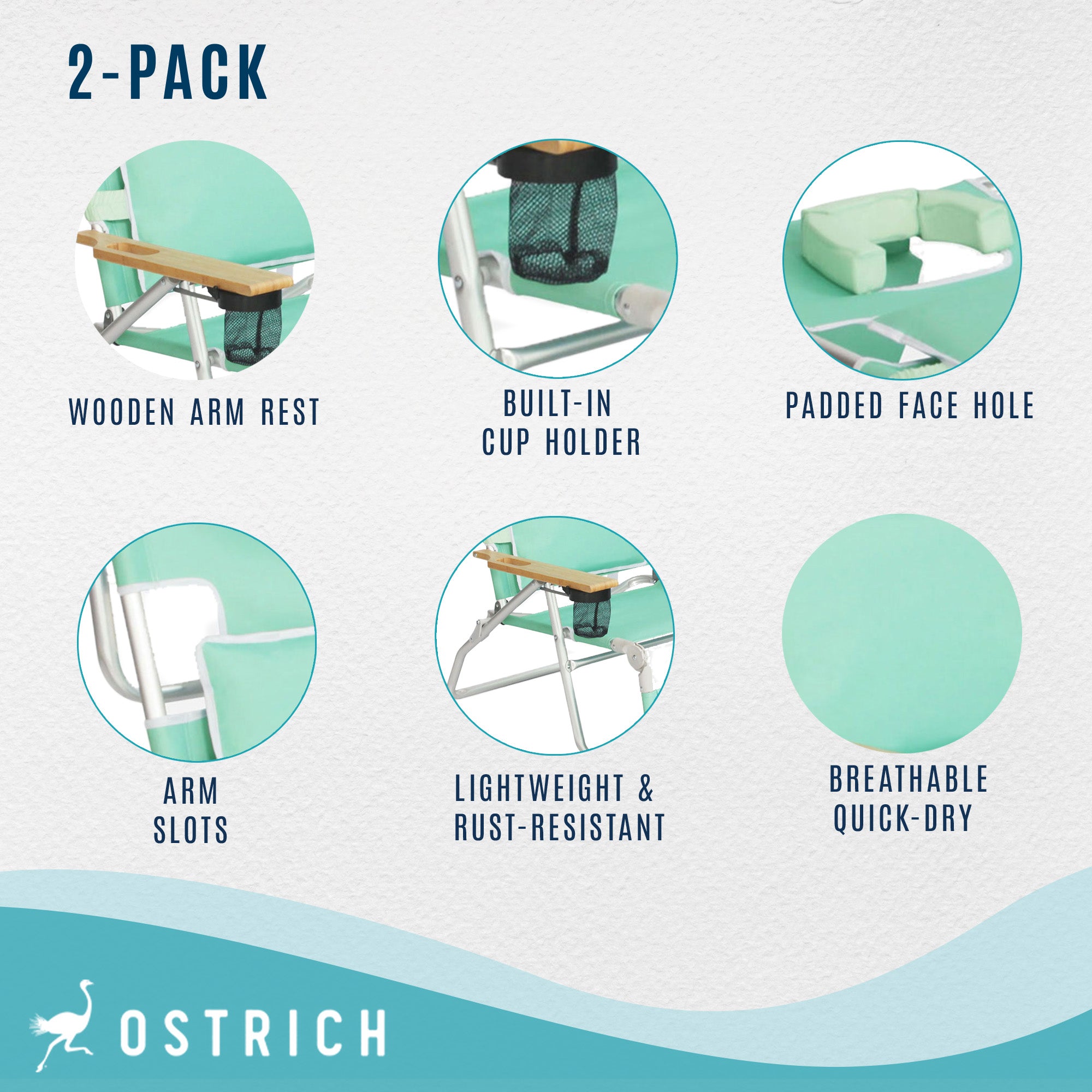 Ostrich Deluxe Padded 3-N-1 Outdoor Folding Reclining Beach Chair, Teal (2 Pack) - VMInnovations