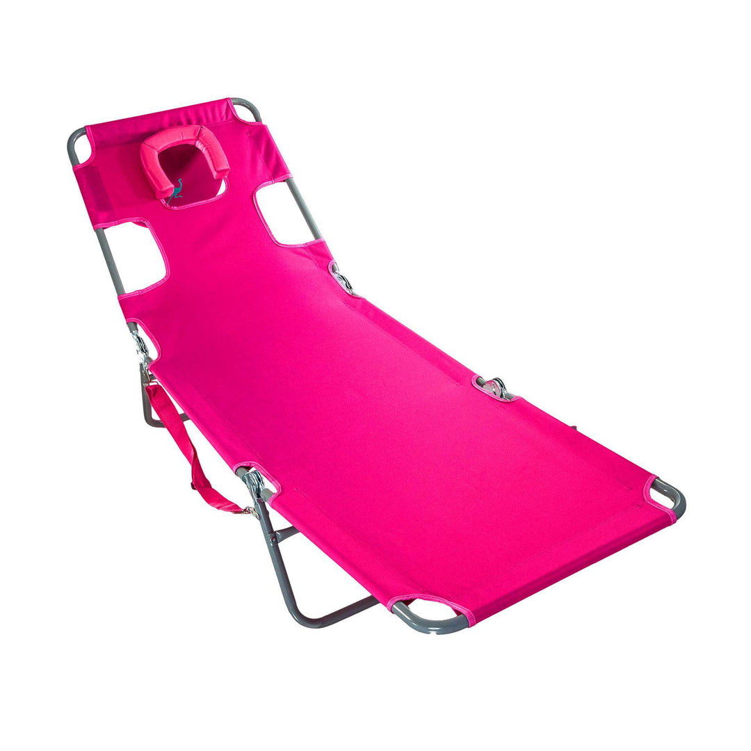 Ostrich On Your Back Reclining Lawn Chair & Chaise Folding Beach Lounger, Pink - VMInnovations
