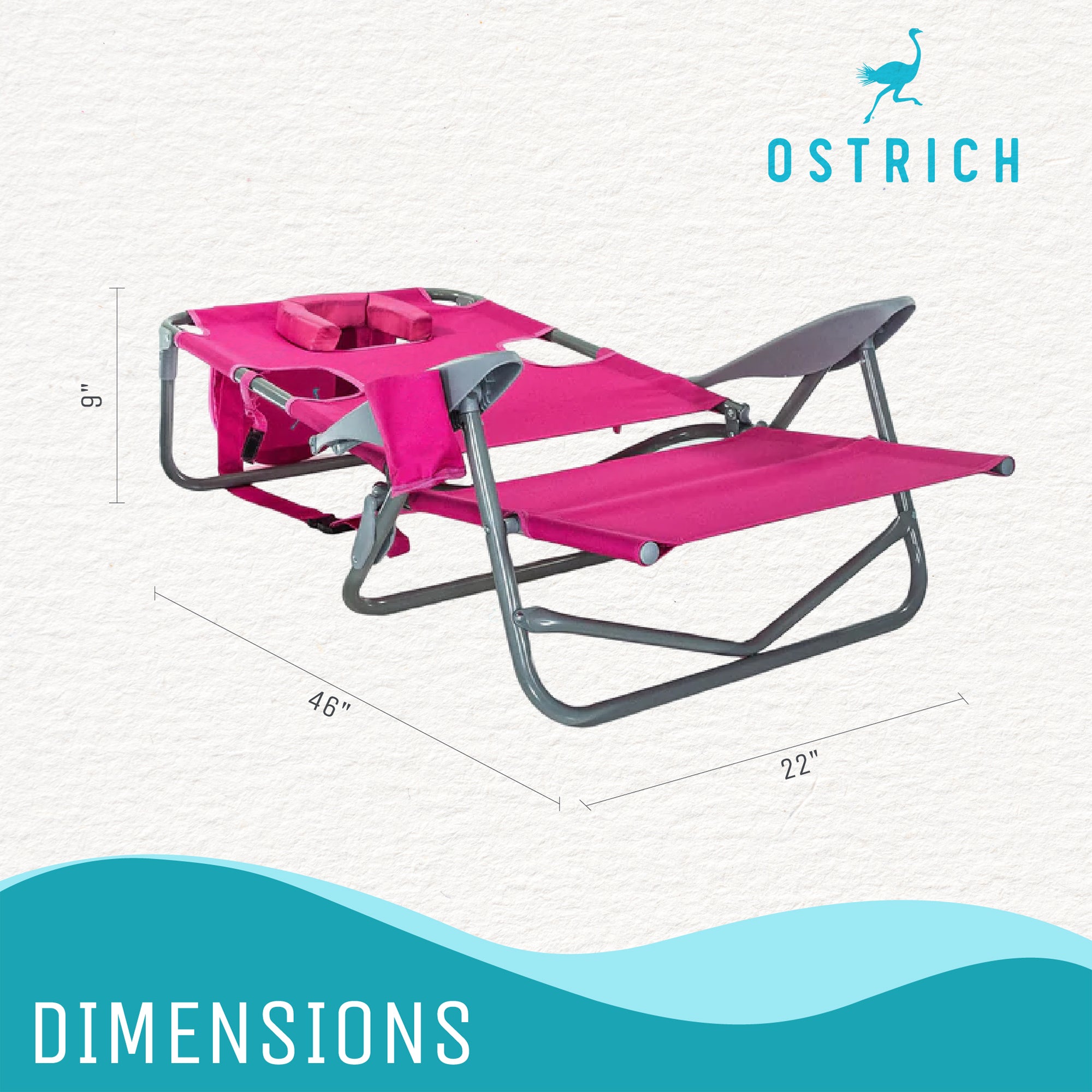 Ostrich On Your Back Reclining Lawn Chair & Chaise Folding Beach Lounger, Pink - VMInnovations