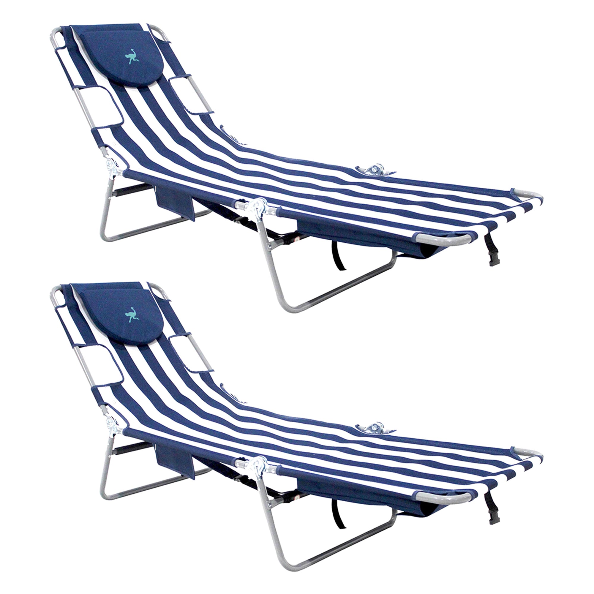 Ostrich Backpack Chaise Folding Lounge Chair w/Storage Bag, Navy Stripe (2 Pack) - VMInnovations