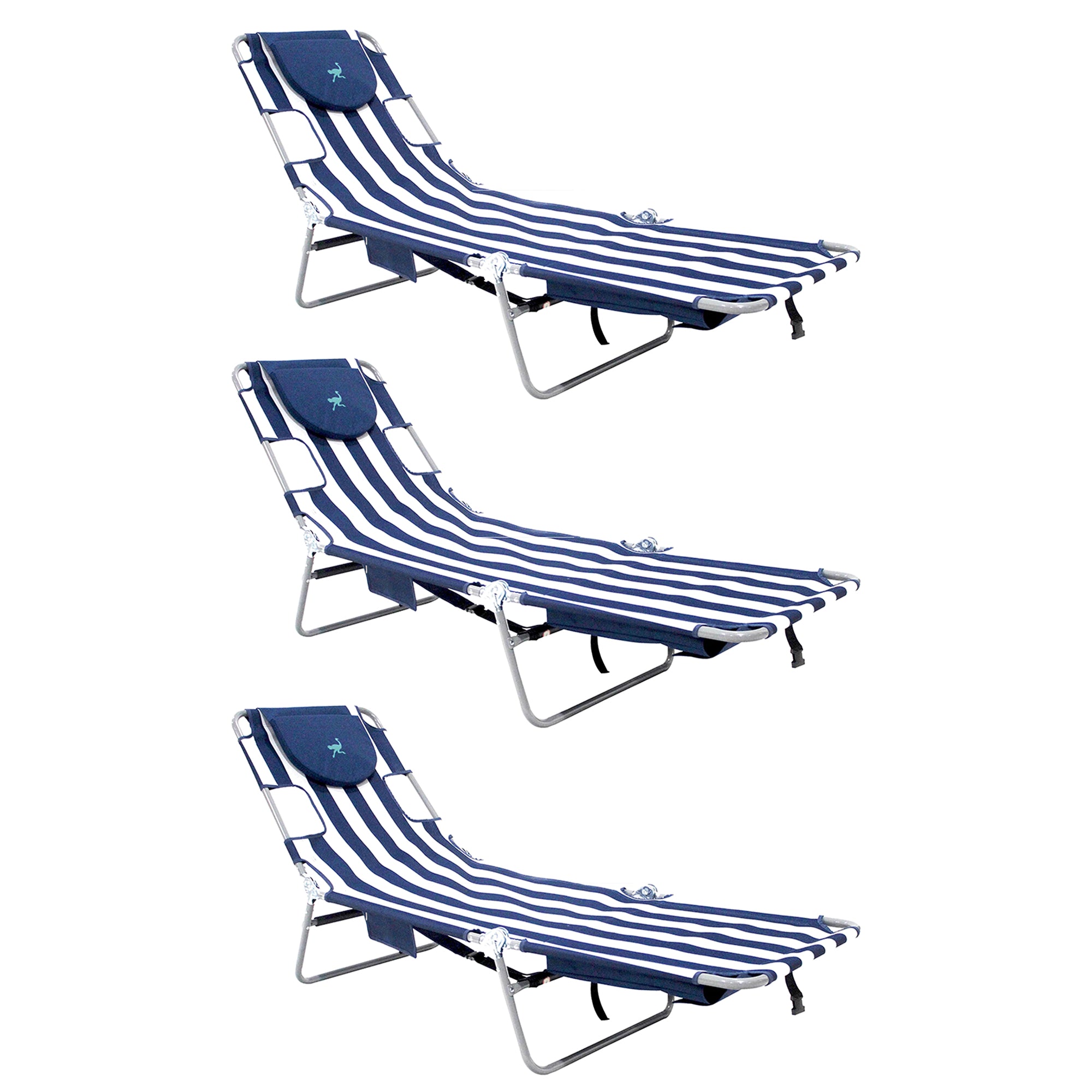 Ostrich Backpack Chaise Folding Lounge Chair w/Storage Bag, Navy Stripe (3 Pack) - VMInnovations