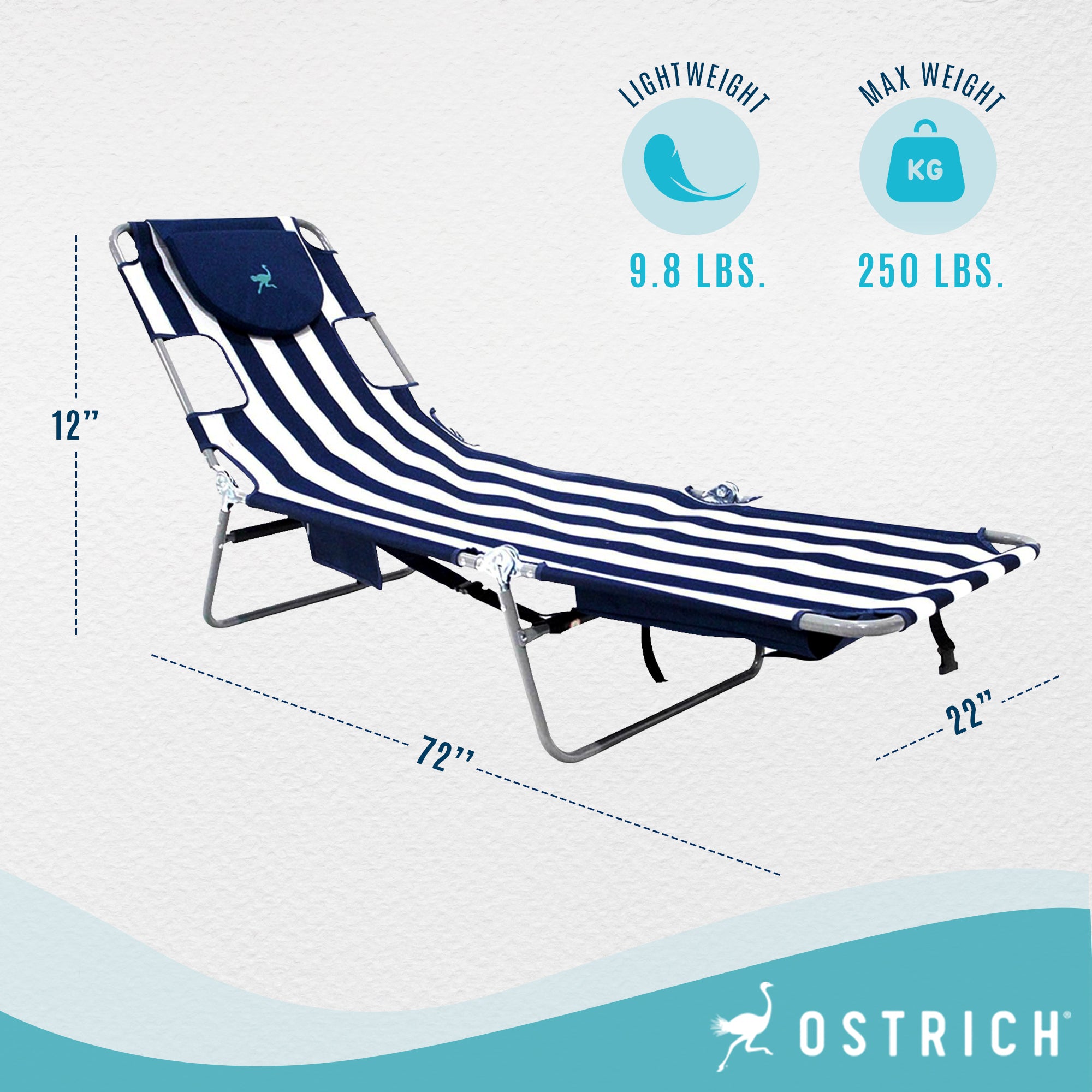 Ostrich Backpack Chaise Folding Lounge Chair w/Storage Bag, Navy Stripe (3 Pack) - VMInnovations