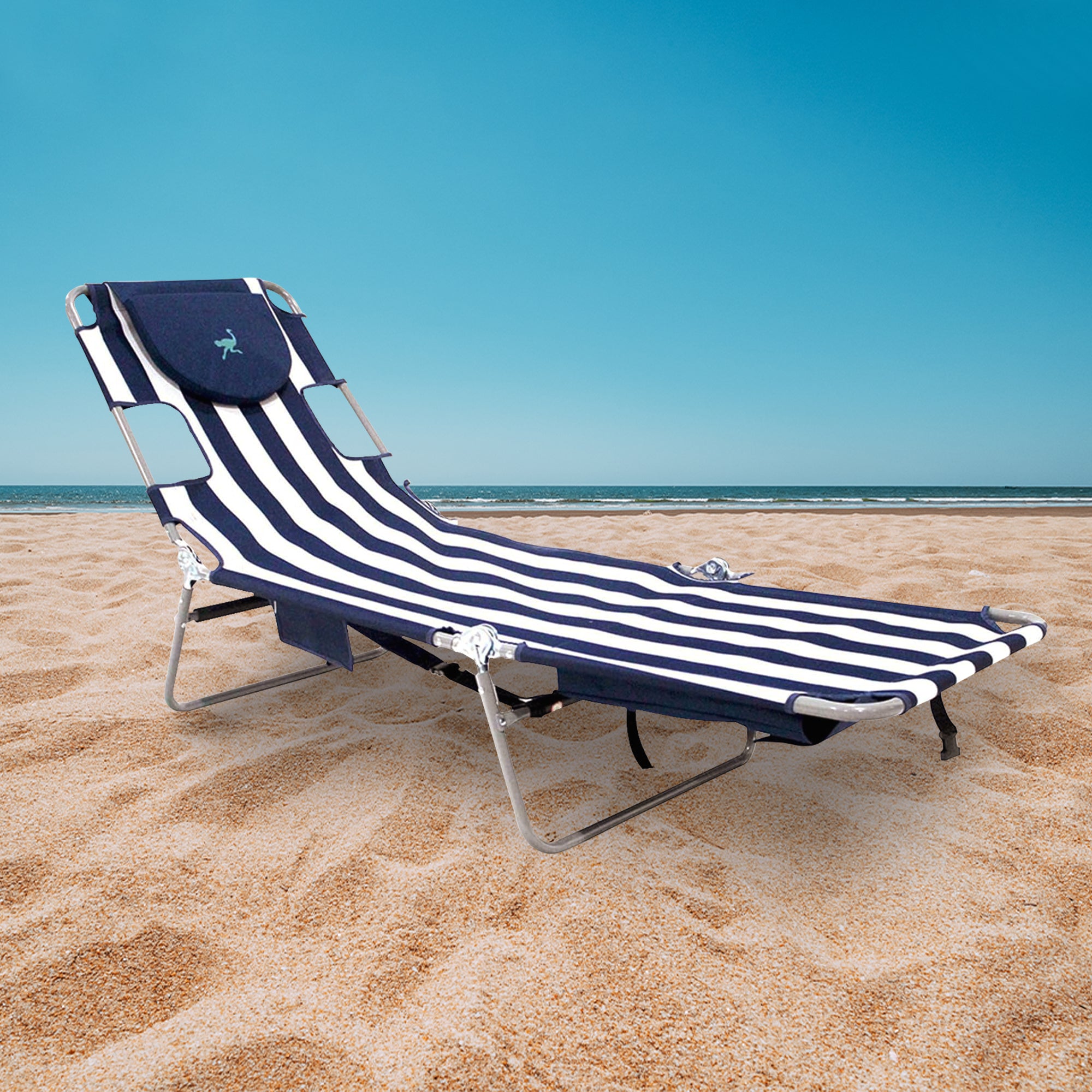 Ostrich Backpack Chaise Folding Lounge Chair w/Storage Bag, Navy Stripe (3 Pack) - VMInnovations