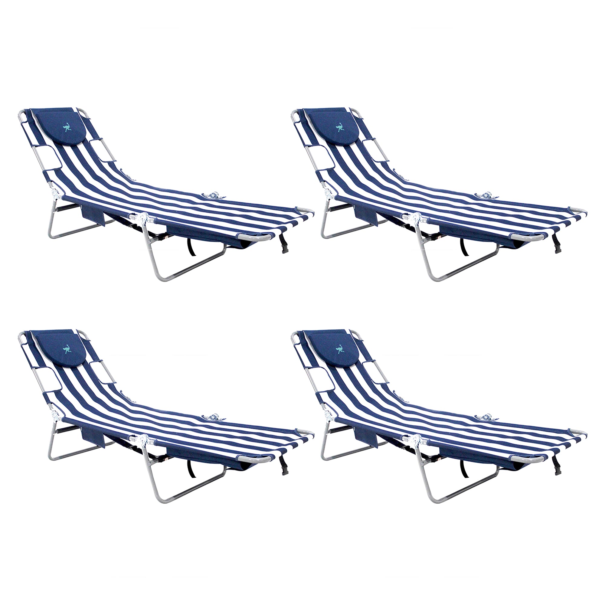 Ostrich Backpack Chaise Folding Lounge Chair w/Storage Bag, Navy Stripe (4 Pack) - VMInnovations