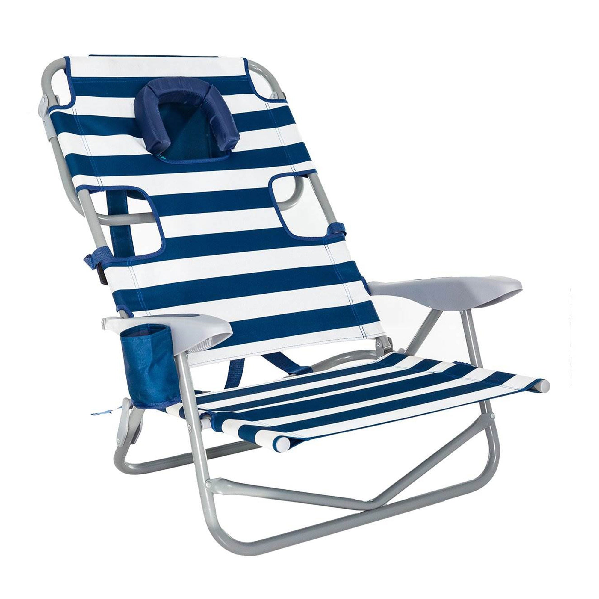 Ostrich 3N1 Reclining Beach Chair and On Your Back Beach Chair, Striped Blue - VMInnovations