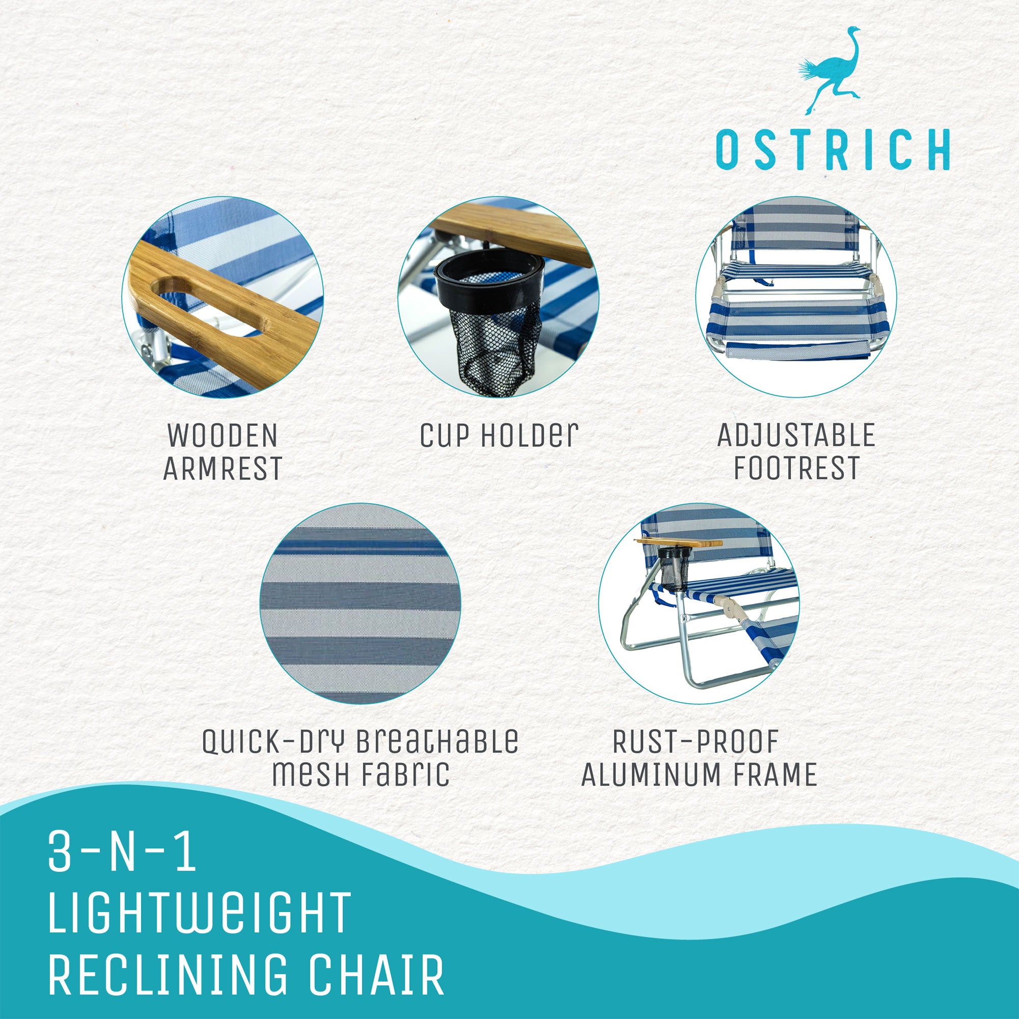 Ostrich 3N1 Reclining Beach Chair and On Your Back Beach Chair, Striped Blue - VMInnovations
