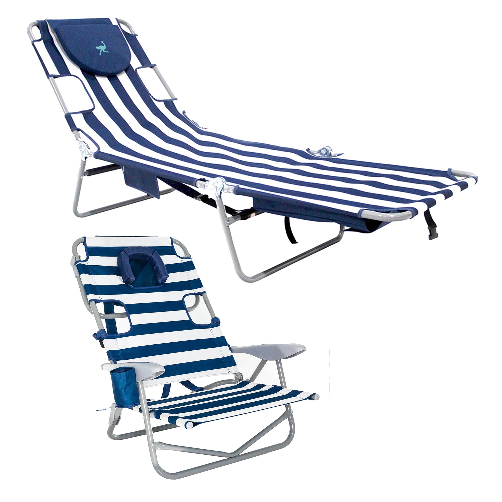Ostrich Backpack Chaise Lounge Beach Chair & On Your Back Chair, Striped Blue - VMInnovations