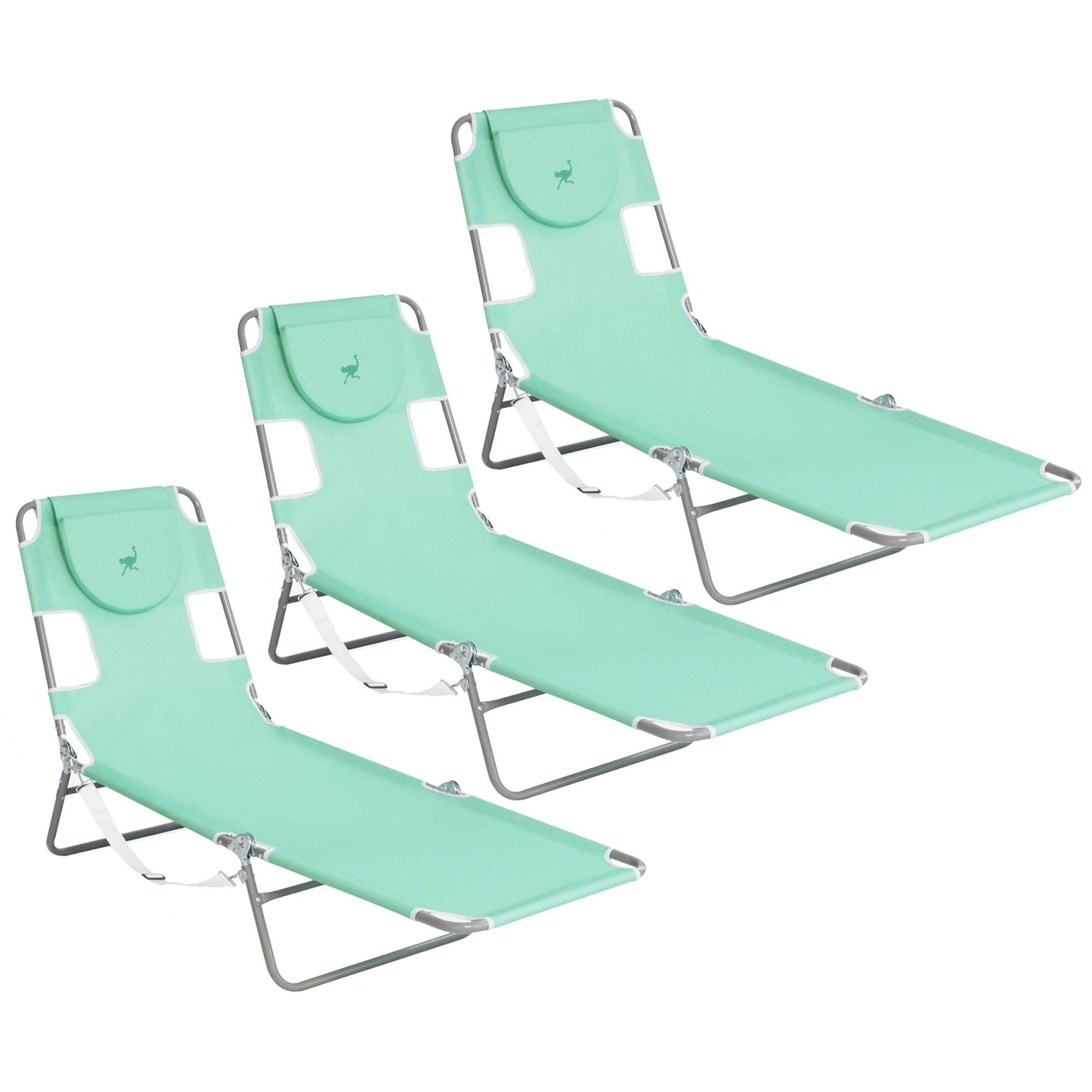 Ostrich Chaise Lounge Folding Sunbathing Recliner Beach Chair, Teal (3 Pack)