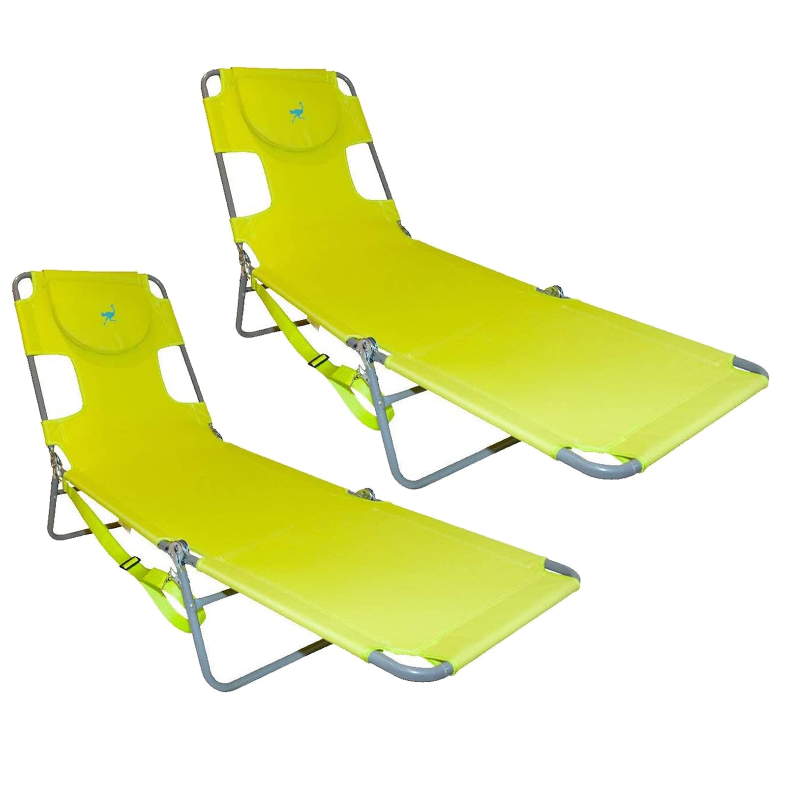Ostrich Chaise Lounge Foldable Sunbathing Beach Lawn Chair, Neon Green (2 Pack) - VMInnovations