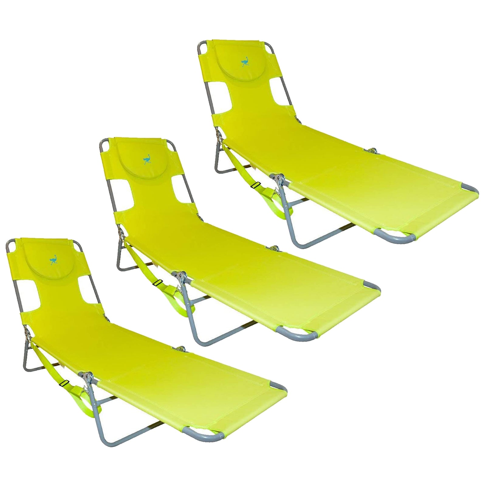 Ostrich Chaise Lounge Foldable Sunbathing Beach Lawn Chair, Neon Green (3 Pack) - VMInnovations
