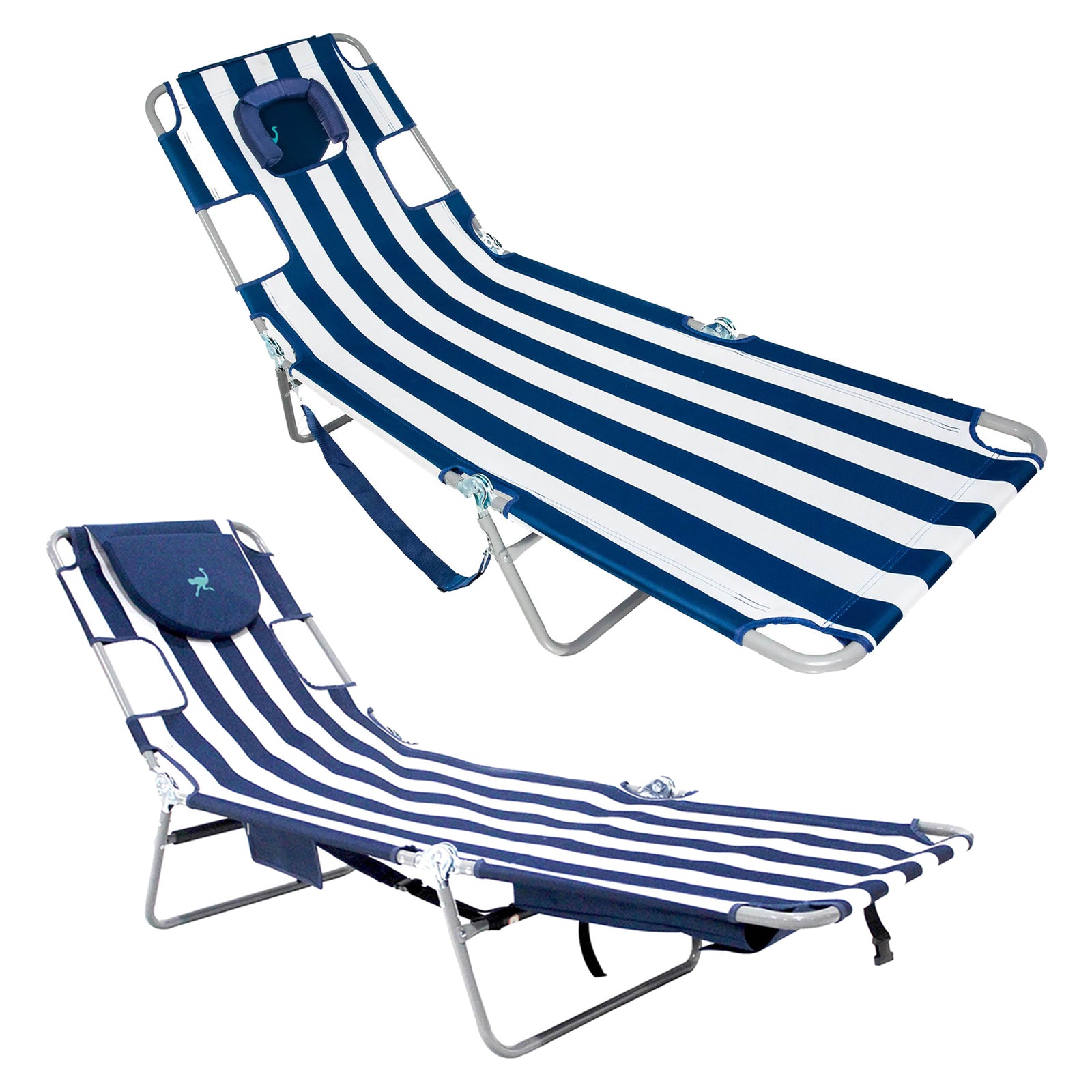 Ostrich Chaise Beach Chair & Backpack Chaise Poolside Lounge Chair, Navy Stripes - VMInnovations