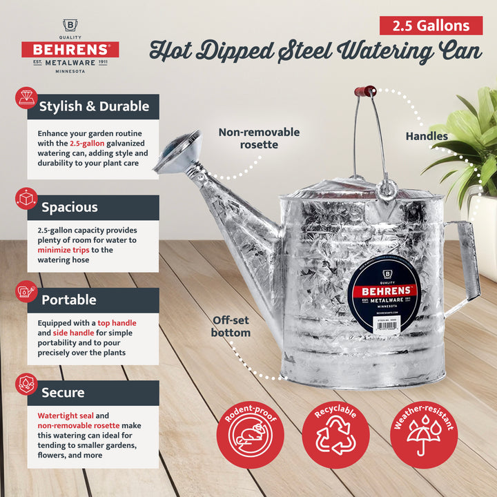 Behrens 2.5 Gallon Weatherproof Hot Dipped Steel Watering Can with Wooden Handle - VMInnovations