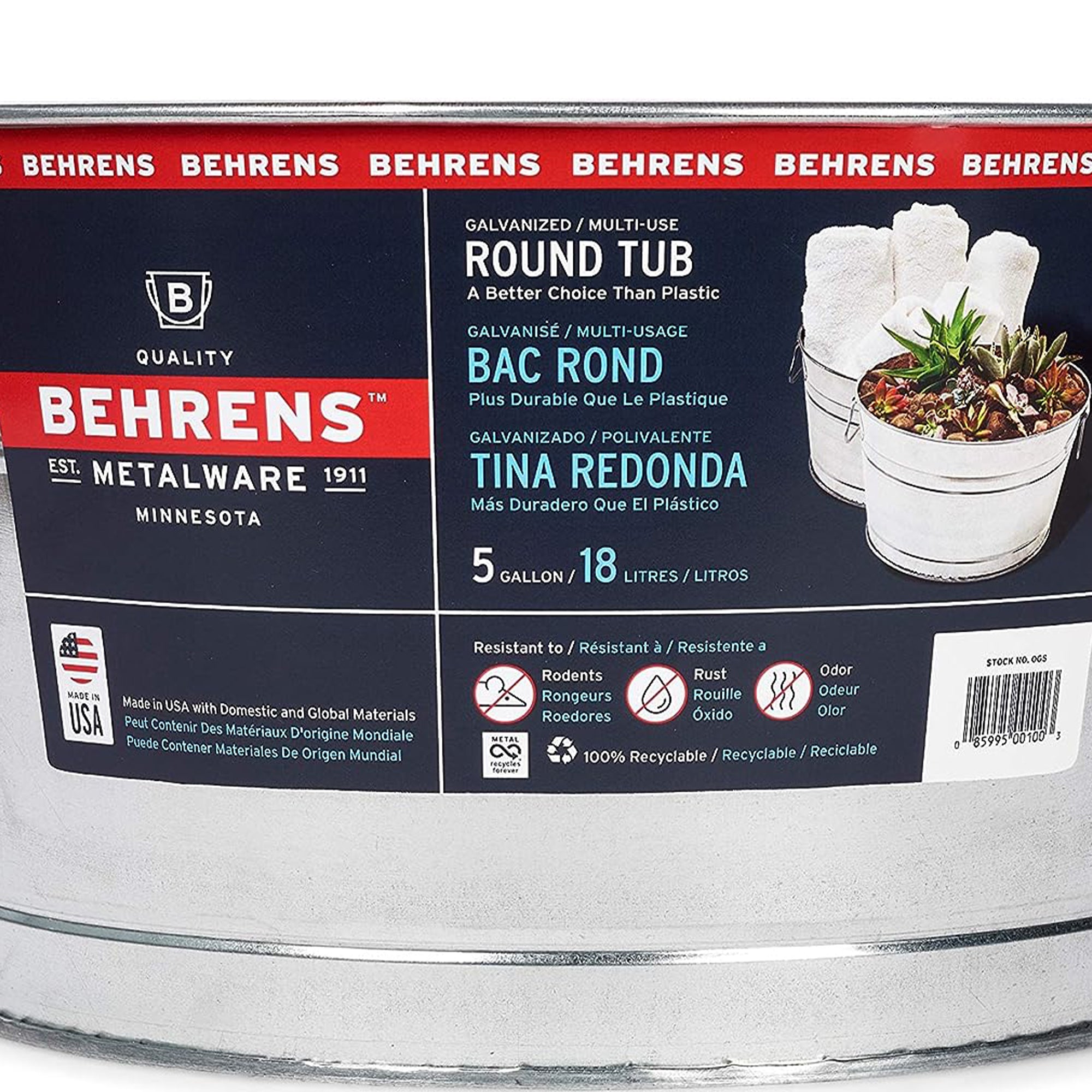 Behrens 5 Gal Galvanized Weatherproof Steel Tub w/Handles, Silver (Open Box) - VMInnovations