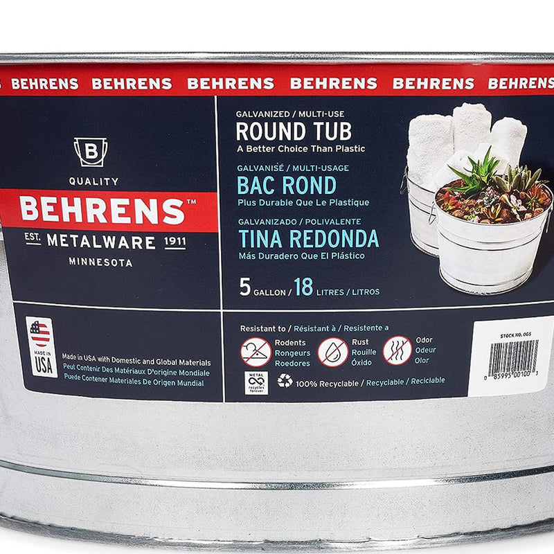 Behrens 5 Gallon Round Galvanized Weatherproof Steel Tub with Handles, Silver