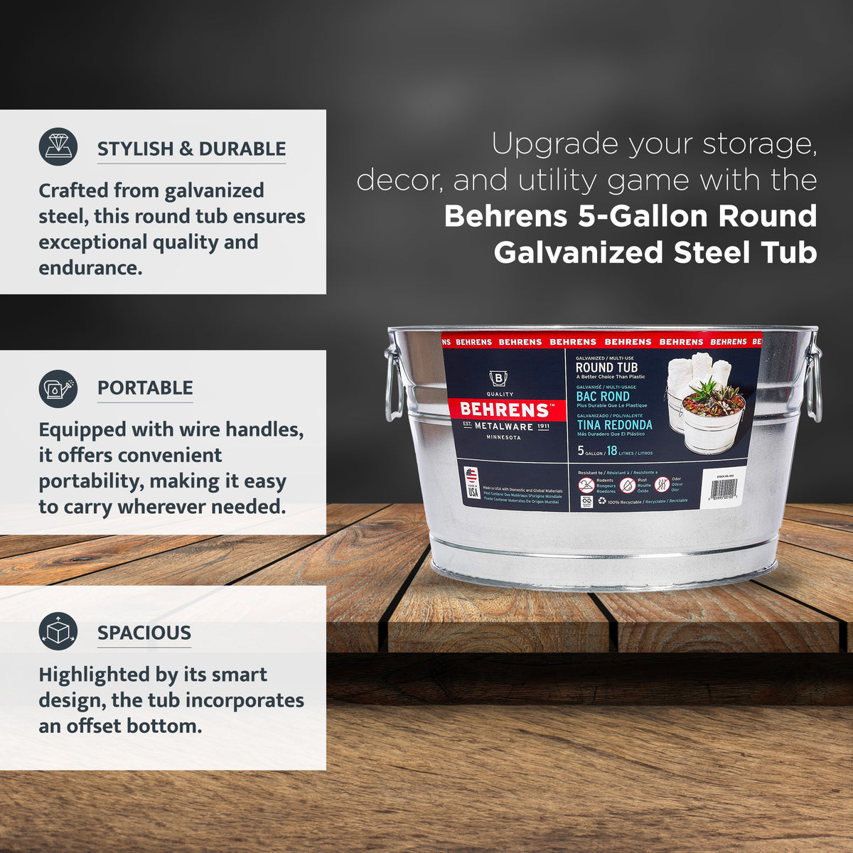 Behrens 5 Gallon Round Galvanized Weatherproof Steel Tub with Handles, Silver - VMInnovations