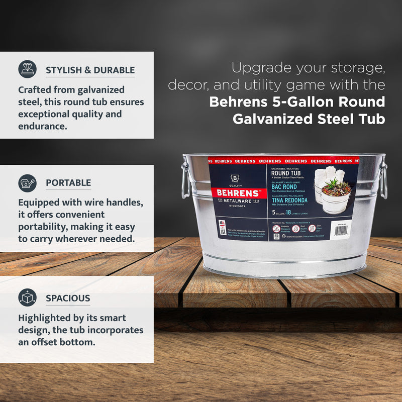 Behrens 5 Gallon Round Galvanized Weatherproof Steel Tub with Handles, Silver