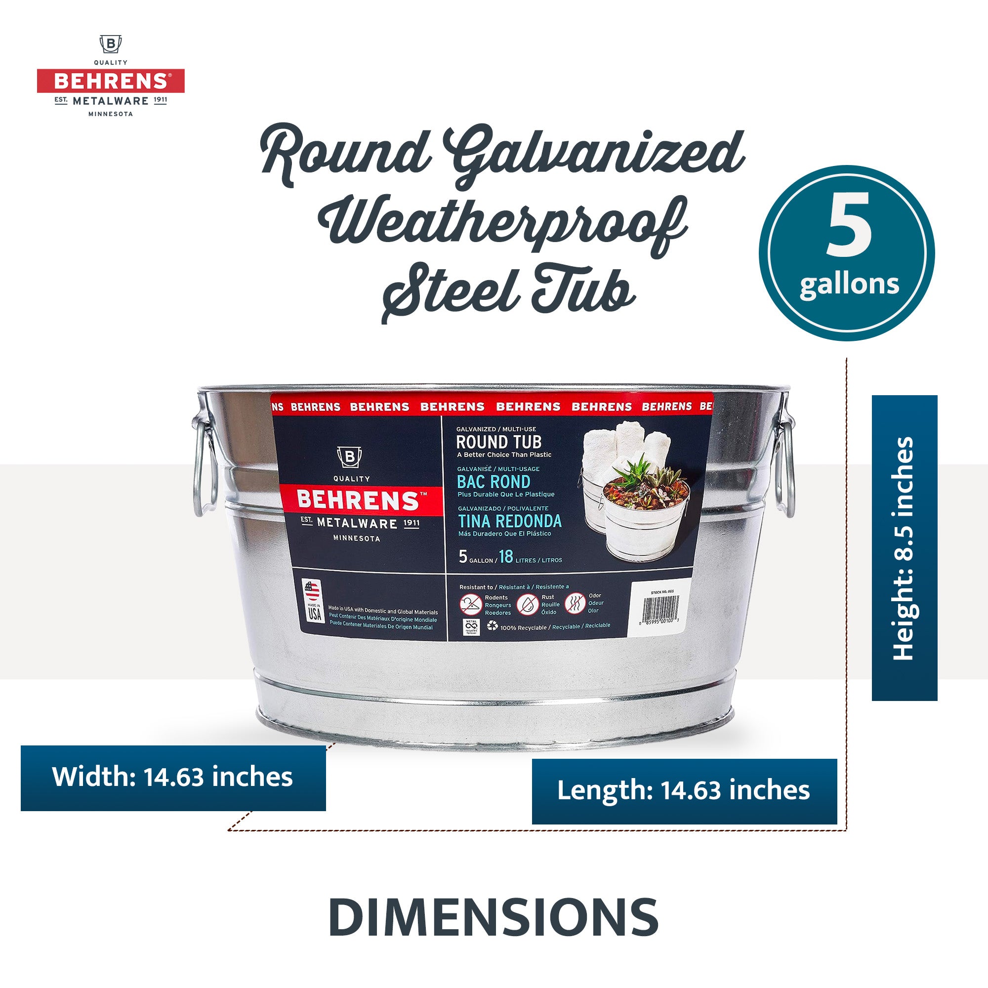 Behrens 5 Gal Round Galvanized Weatherproof Steel Tub with Handles, Silver(Used) - VMInnovations
