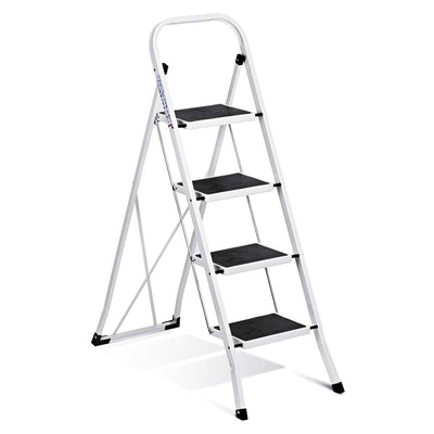 Delxo Alloy Steel Folding 4 Step Stool Portable Ladder with Hand Grip, White