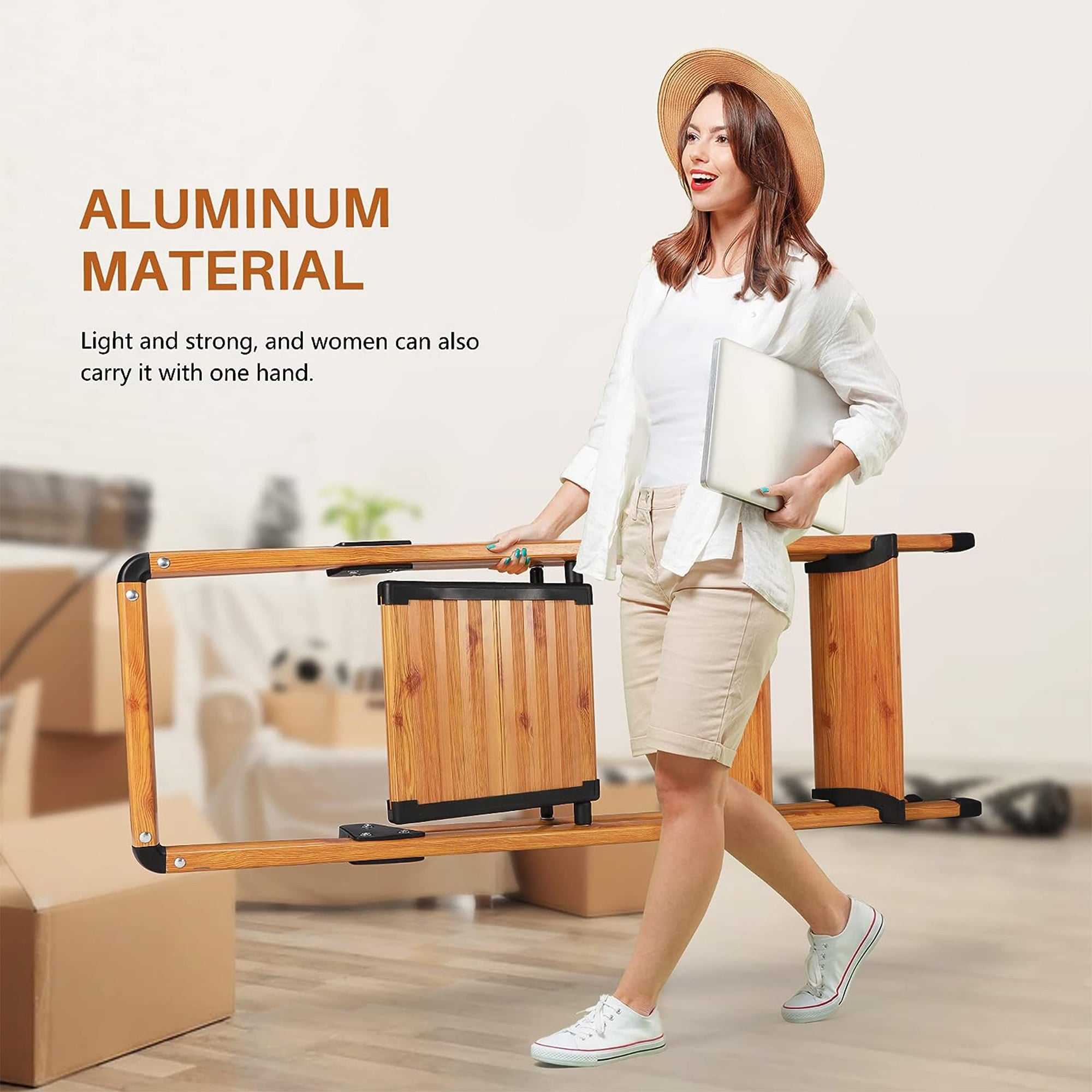 Delxo Folding 3 Step Stool Stepladder w/Long Handrail, Woodgrain(Open Box) - VMInnovations