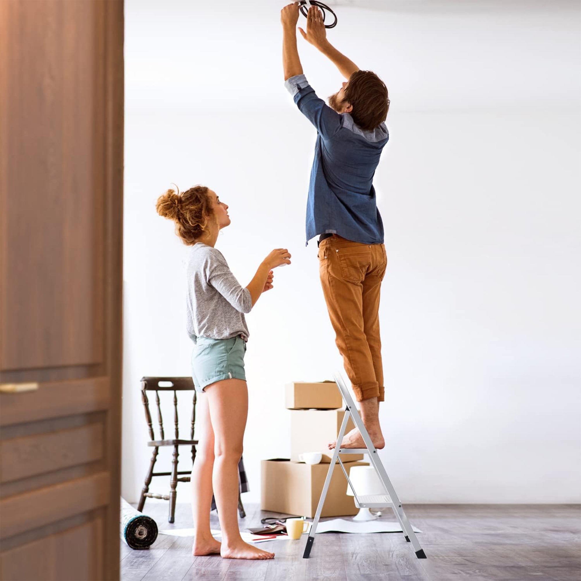 Delxo Folding Portable Non Slip 2 Step Stool Stepladder w/Hand Grip, White(Used) - VMInnovations