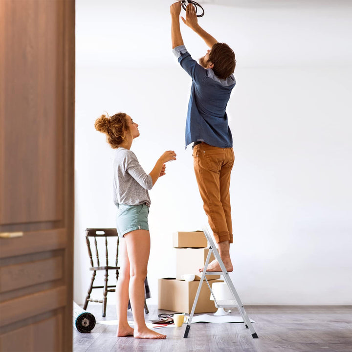 Delxo Folding Portable Steel Non Slip 2 Step Stool Stepladder w/Hand Grip, White - VMInnovations