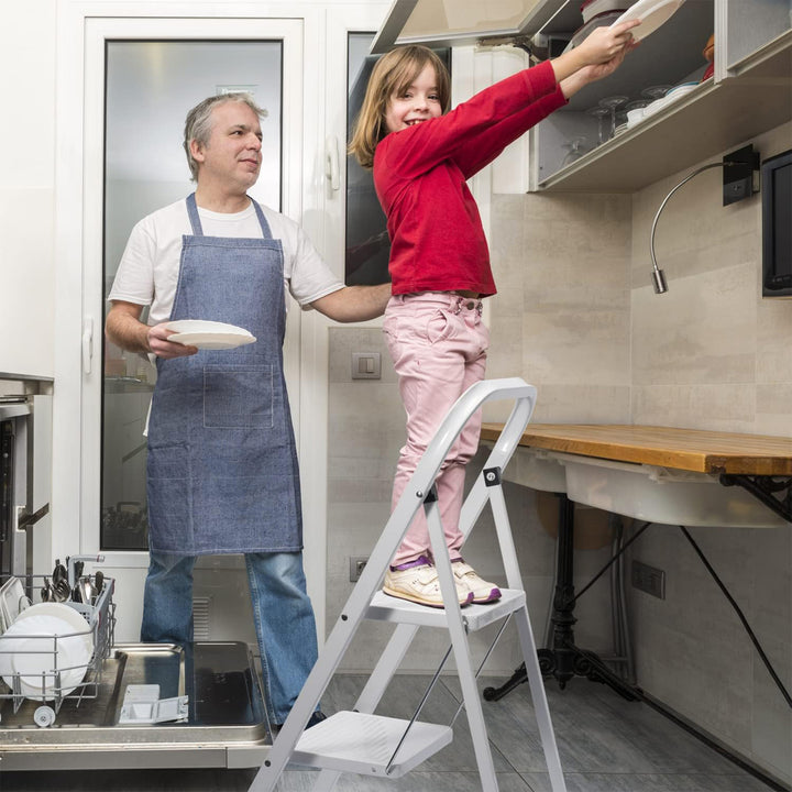 Delxo Folding Portable Steel Non Slip 2 Step Stool Stepladder w/Hand Grip, White - VMInnovations
