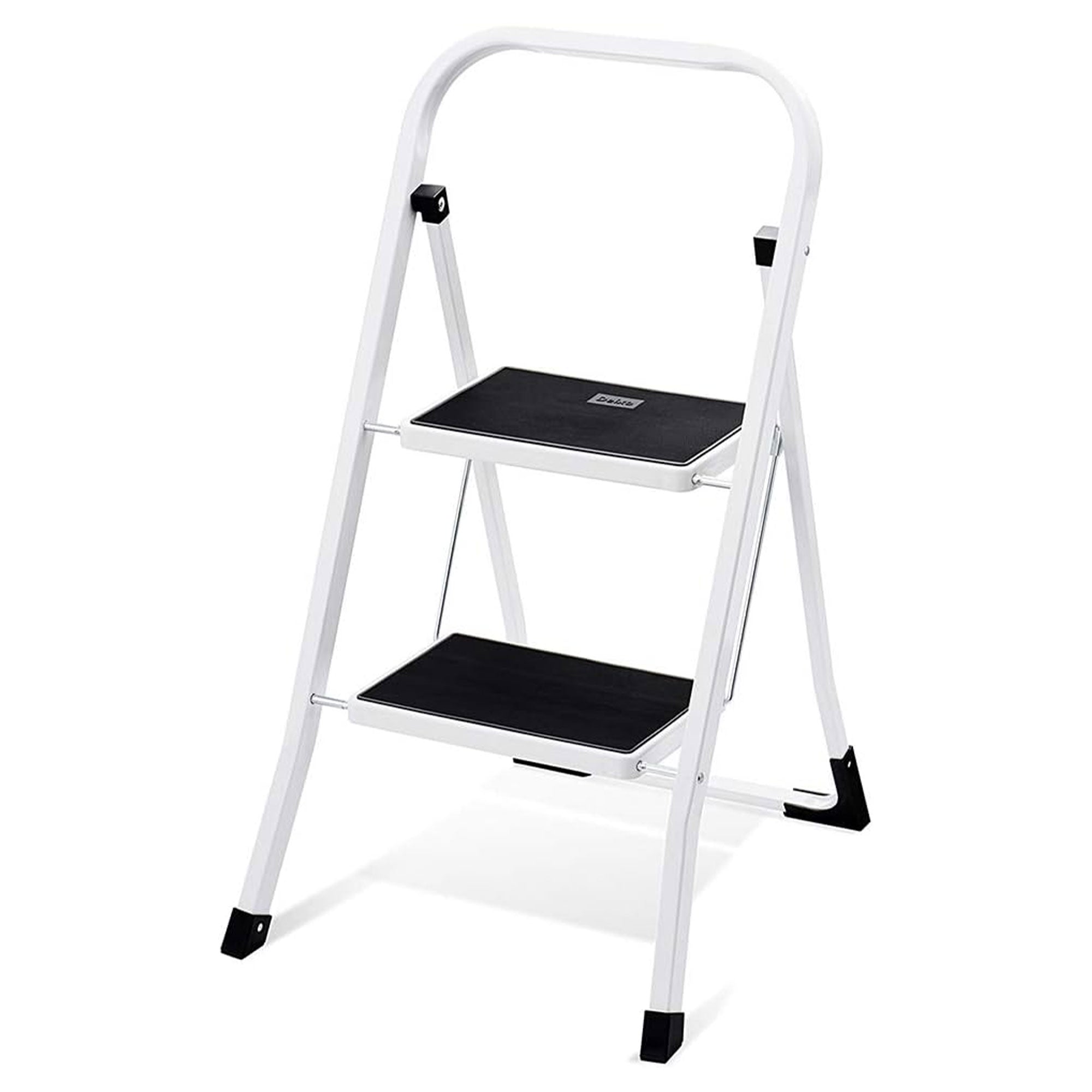 Delxo Non-Slip 2 Step Stool Folding Steel Wide Step Ladder with Hand Grip, White - VMInnovations