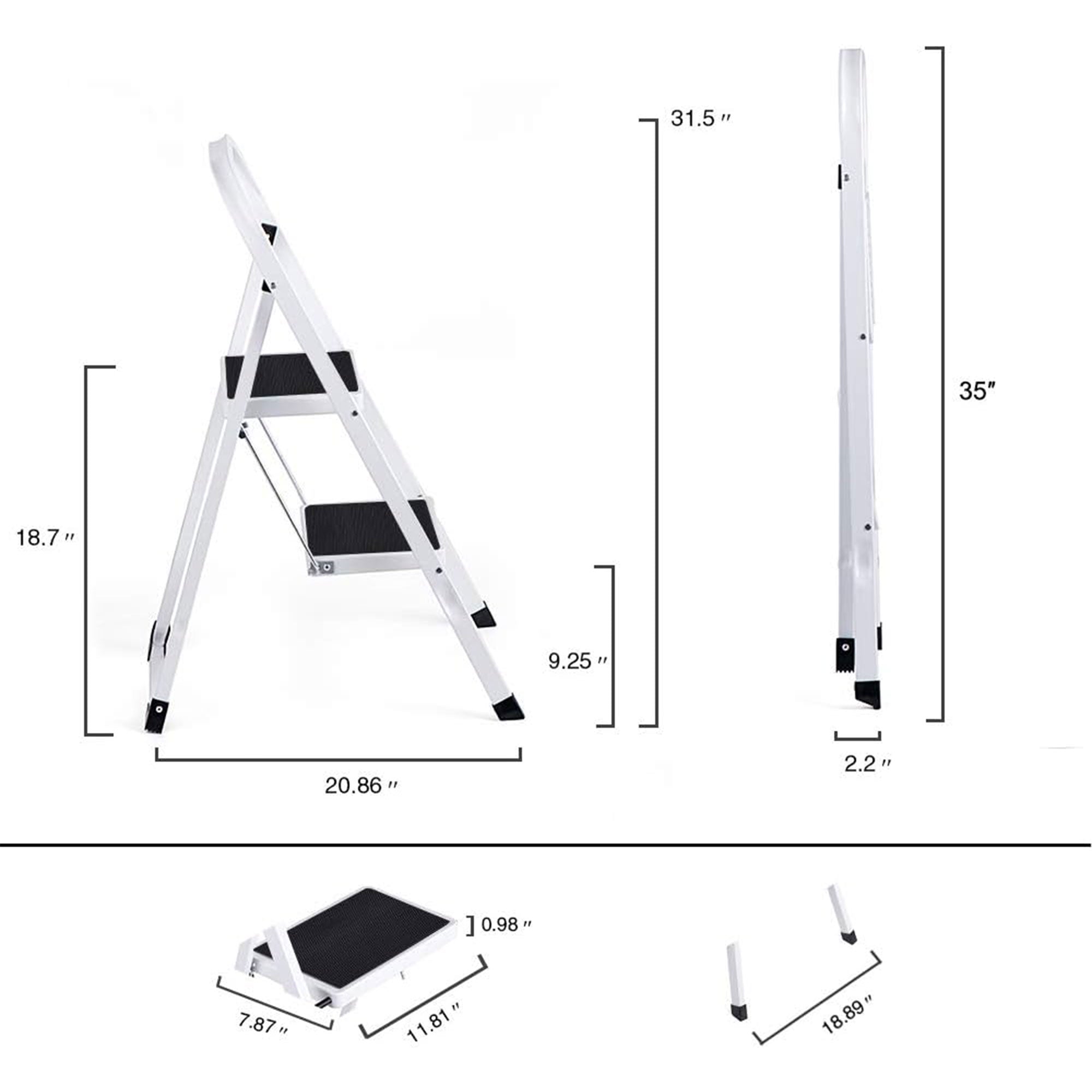 Delxo Non-Slip 2 Step Stool Folding Steel Wide Step Ladder with Hand Grip, White - VMInnovations