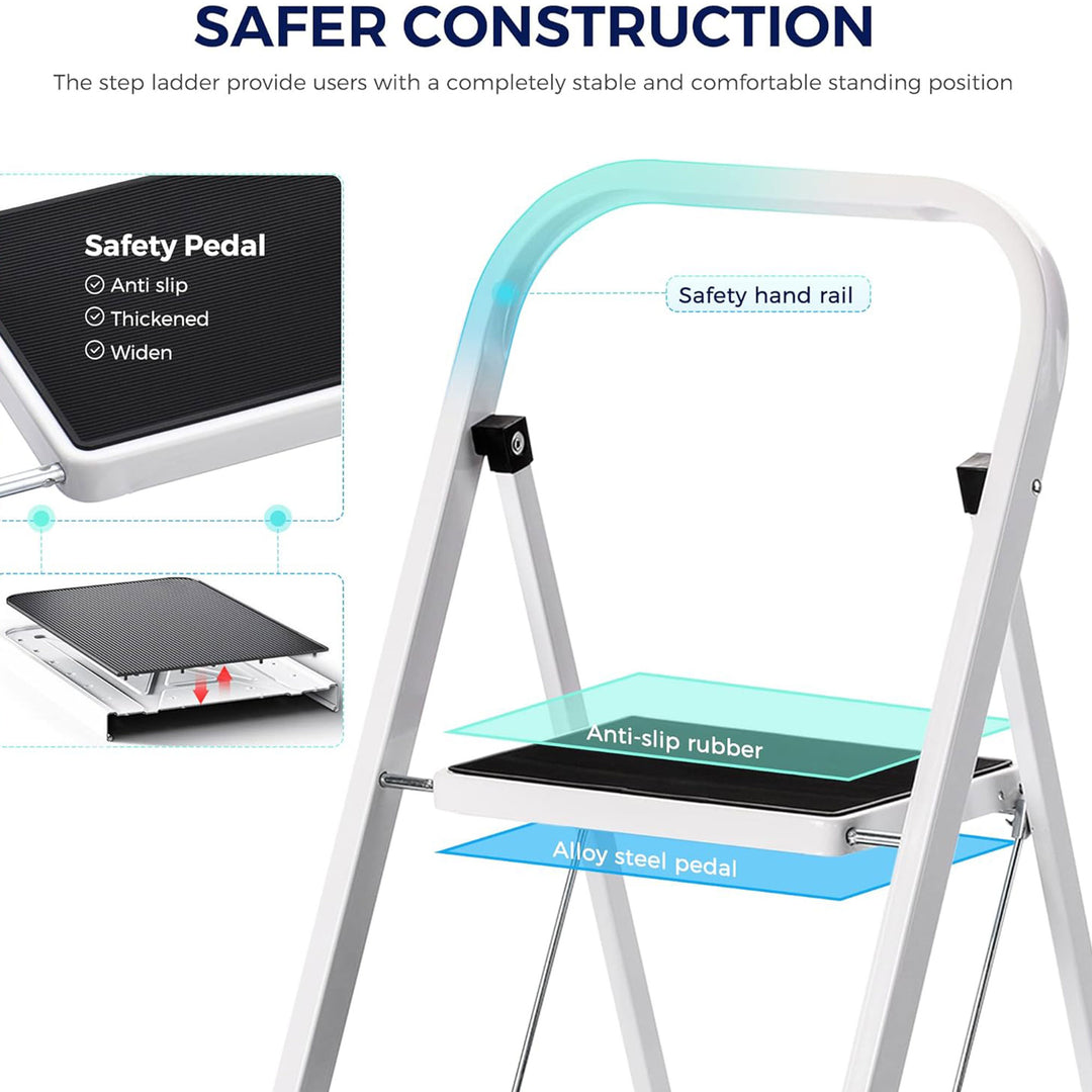 Delxo Non-Slip 2 Step Stool Folding Steel Wide Step Ladder with Hand Grip, White - VMInnovations