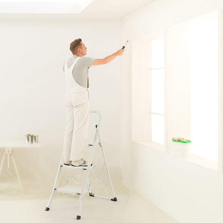 Delxo Folding Portable Steel Non Slip 3 Step Stool Stepladder w/Hand Grip, White - VMInnovations