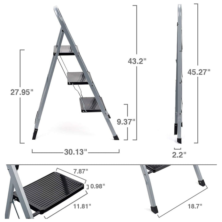 Delxo Non-Slip 3 Step Stool Folding Steel Wide Step Ladder with Hand Grip, Gray - VMInnovations