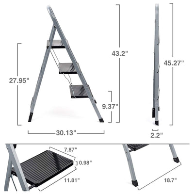 Delxo Non-Slip 3 Step Stool Folding Steel Wide Step Ladder with Hand Grip, Gray