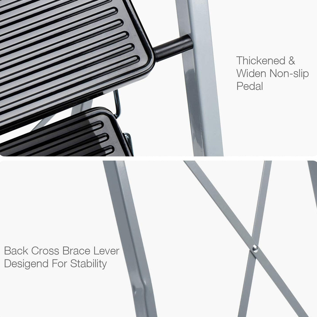 Delxo Non-Slip 3 Step Stool Folding Steel Wide Step Ladder with Hand Grip, Gray - VMInnovations