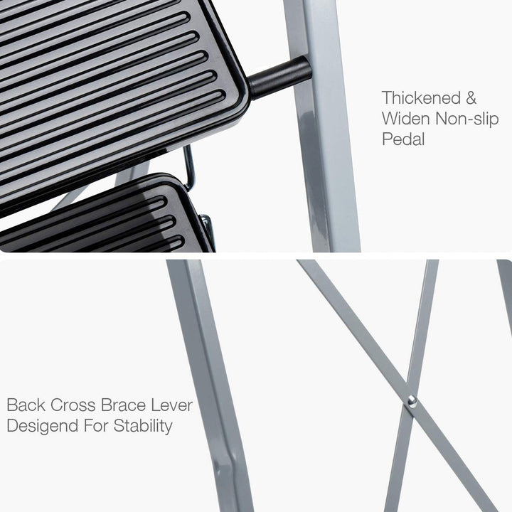 Delxo Non-Slip 3 Step Stool Folding Steel Wide Step Ladder with Hand Grip, Gray - VMInnovations