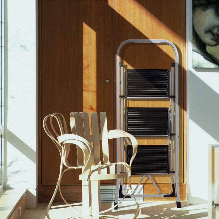 Delxo Non-Slip 3 Step Stool Folding Steel Wide Step Ladder with Hand Grip, Gray - VMInnovations