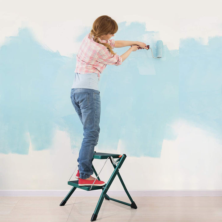 Delxo Foldable Steel 2 Step Stool Step Ladder with Non Slip Wide Pedal, Green - VMInnovations