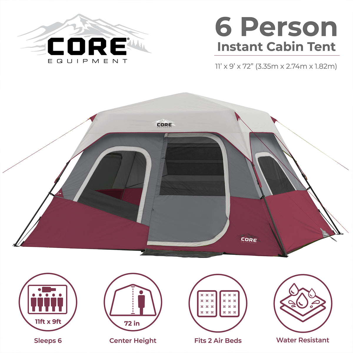 CORE Set of 2 Portable Camping Chair with 11 x 9 Foot 6 Person Cabin Tent, Wine
