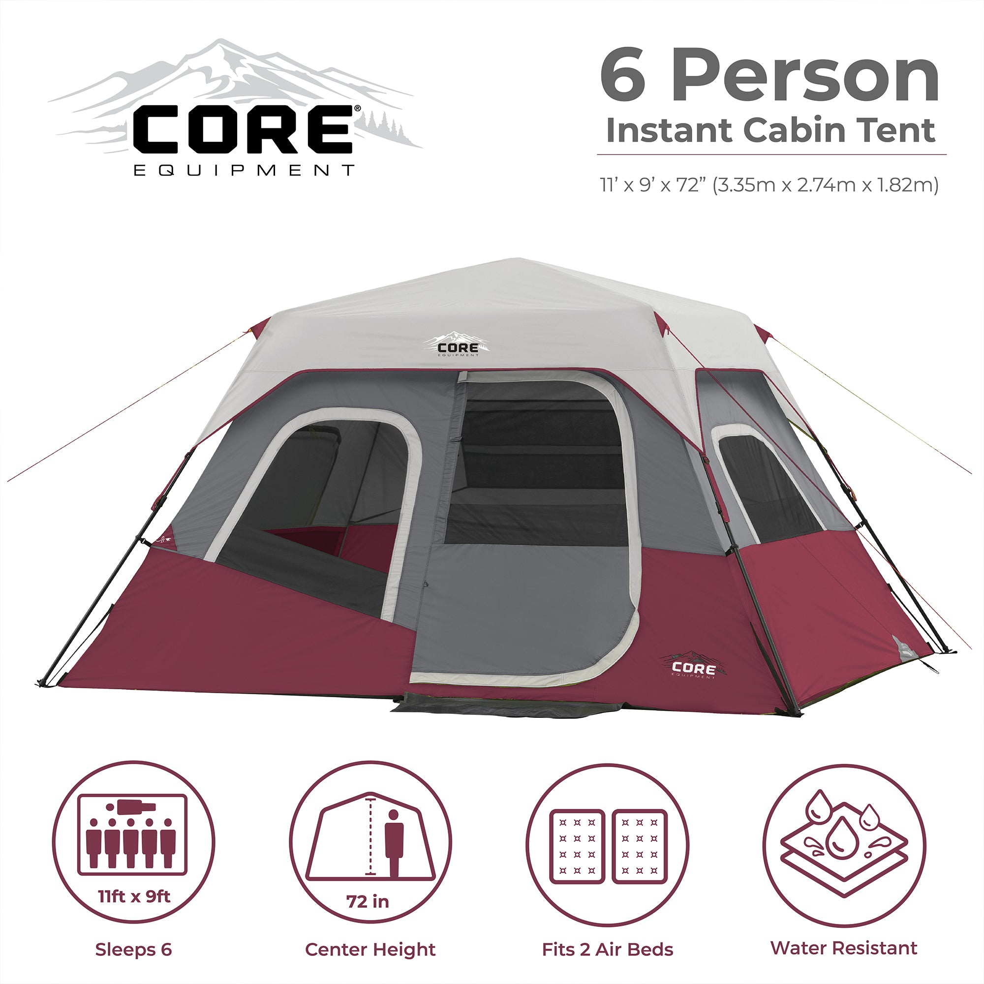 CORE Set of 2 Portable Camping Chair with 11 x 9 Foot 6 Person Cabin Tent, Wine - VMInnovations