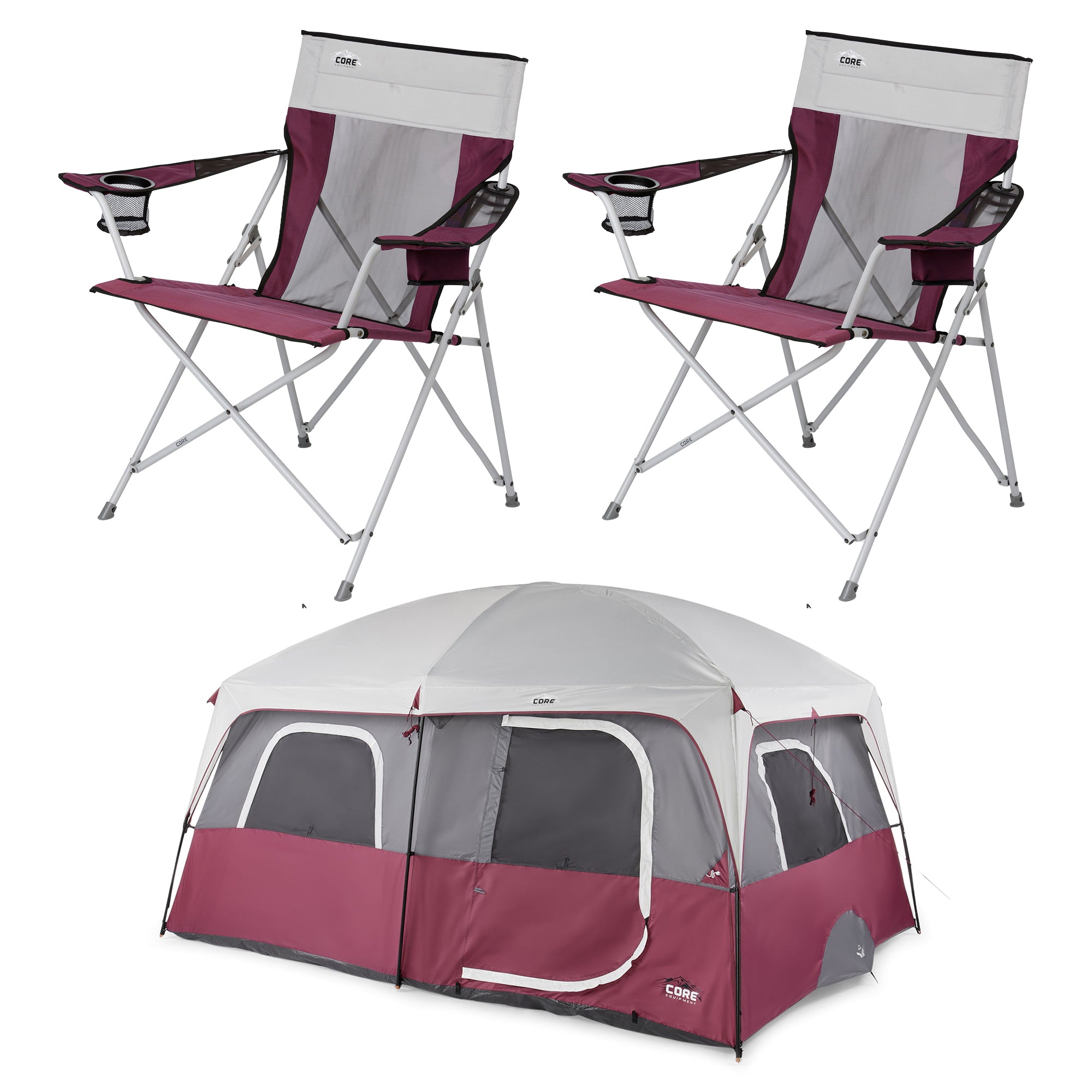 CORE Set of 2 300lb Capacity Camping Chair & 14 x 10' Straight Wall Cabin Tent