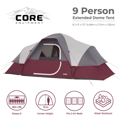 CORE Extended Dome 16 x 9' 9 Person Camping Tent w/Air Vents, Red (3 Pack)