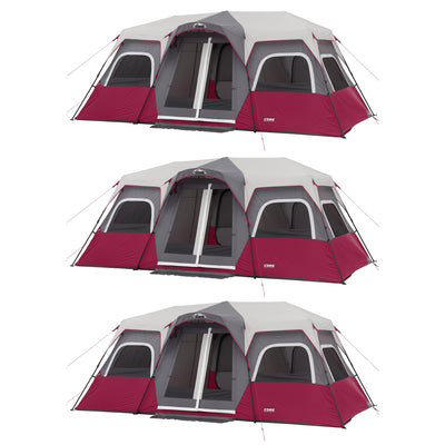 CORE 18' x 10' 12 Person Double Door Instant Cabin Camping Tent, Wine (3 Pack)