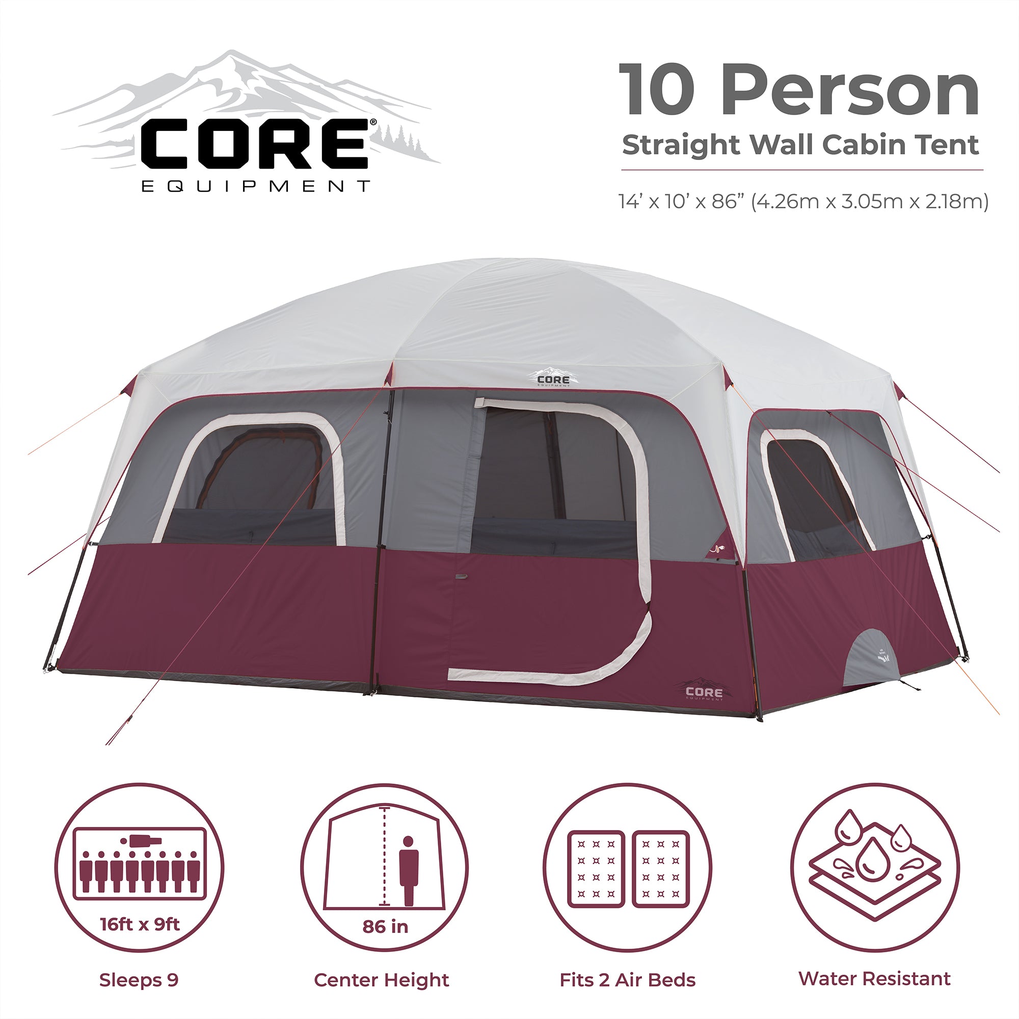 CORE Straight Wall 10 Person Cabin Tent with 2 Rooms & Rainfly, Red (5 Pack)