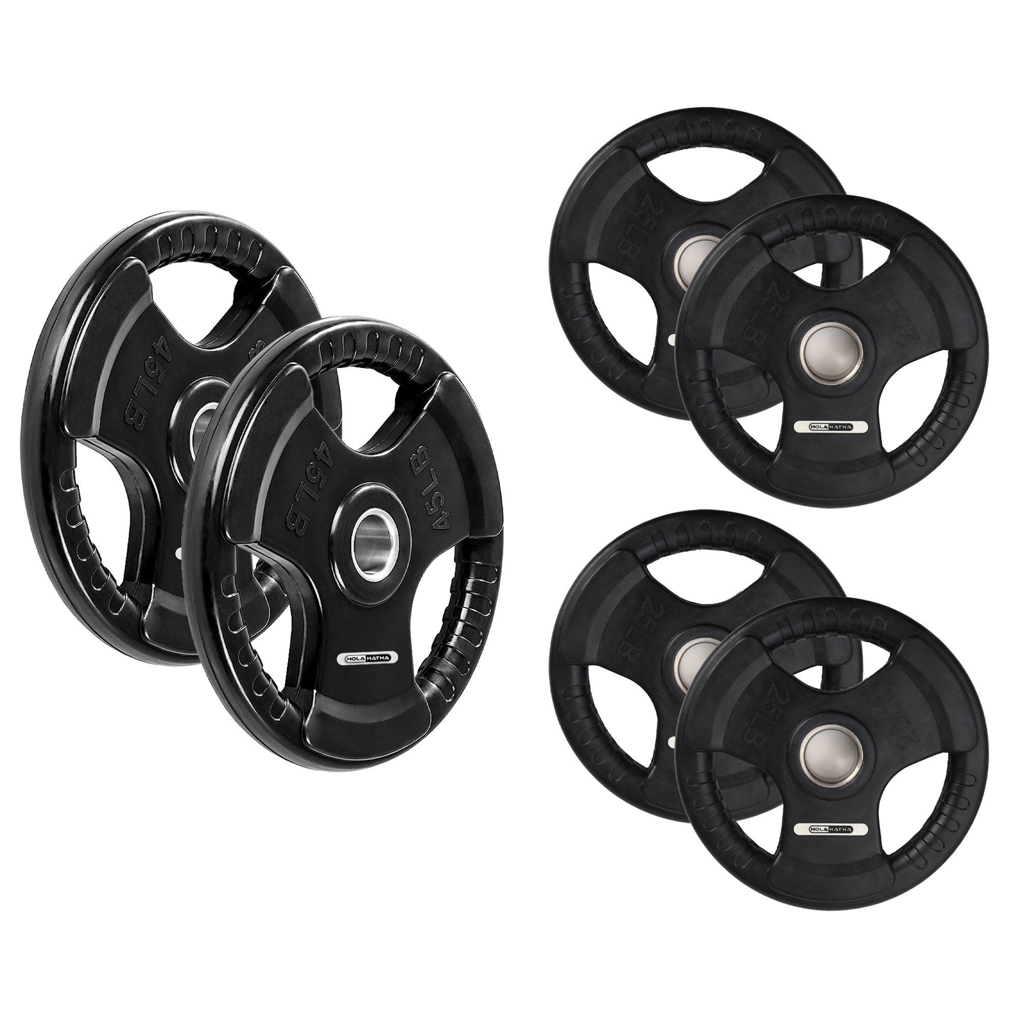 HolaHatha 45 & 25Lb Olympic Rubber Coated Weight Plate w/Handle, Black, Set of 6