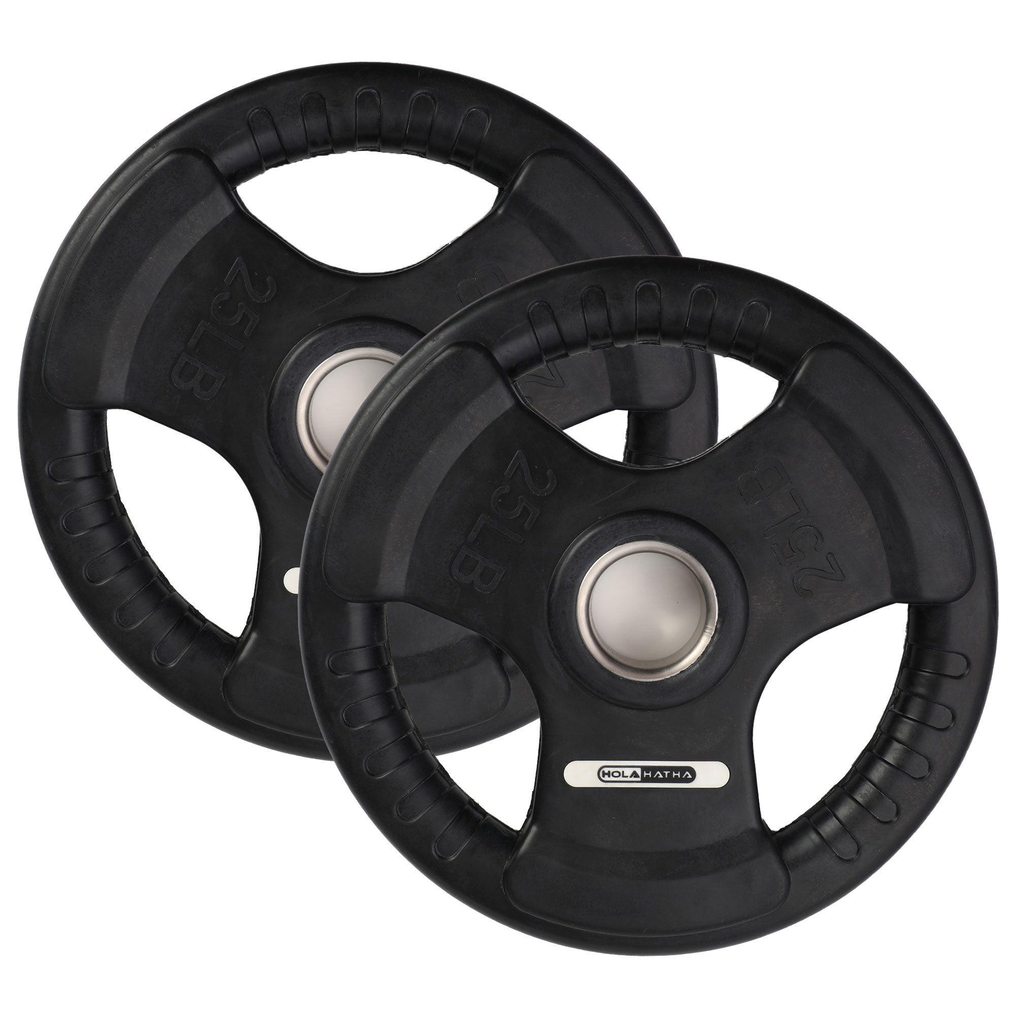 HolaHatha 45 & 25Lb Olympic Rubber Coated Weight Plate w/Handle, Black, Set of 6