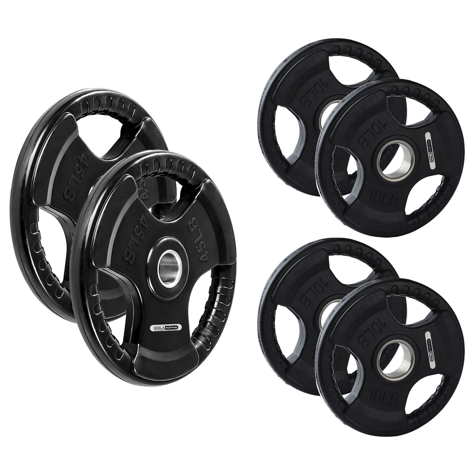 HolaHatha 45 & 10Lb Olympic Rubber Coated Weight Plate w/Handle, Black, Set of 6